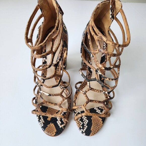 Schutz Juliana Block Snake Embossed Leather Caged Sandal Brown Sexy Edgy 10 1/2 - Picture 3 of 10